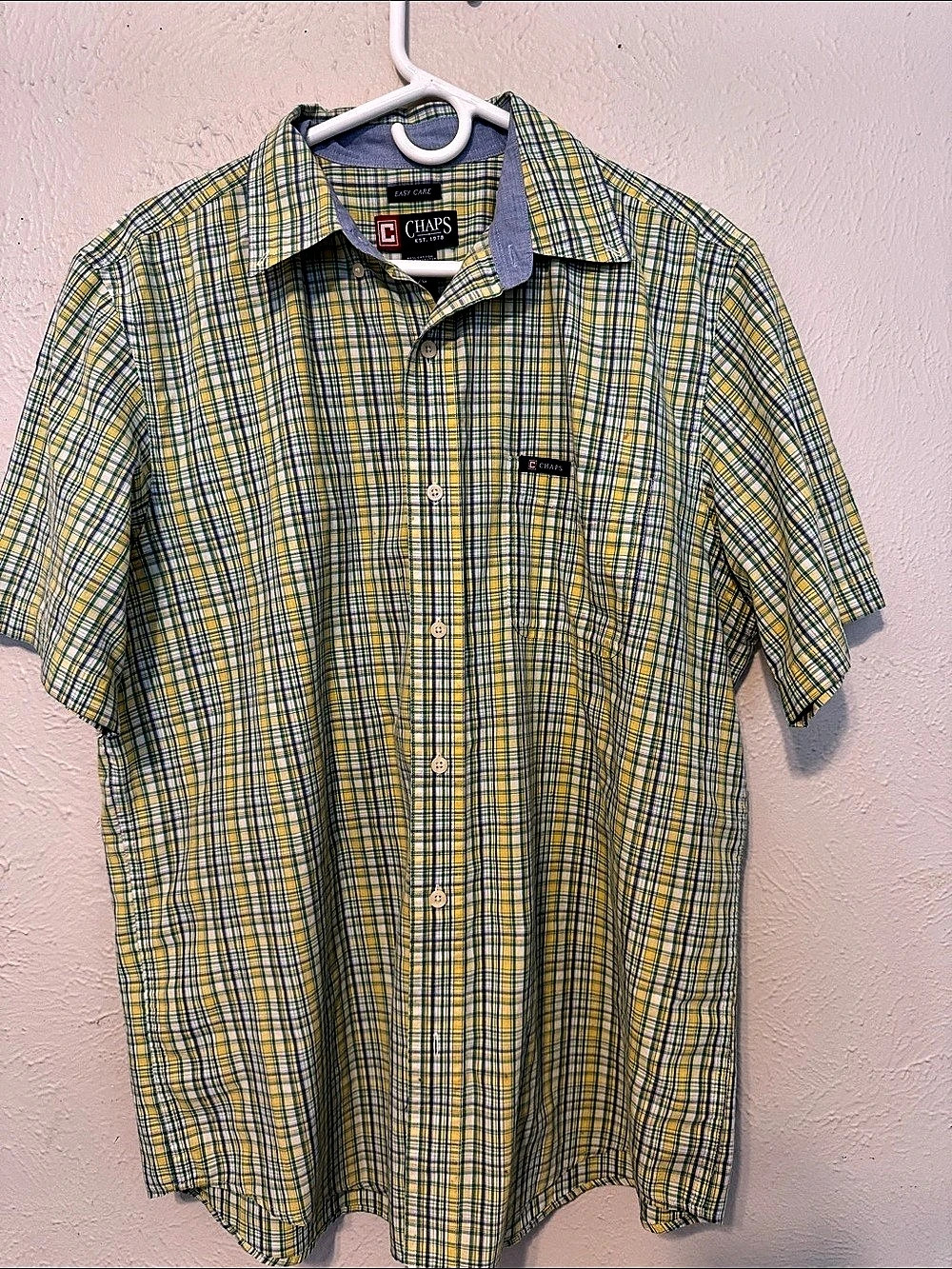 Chaps Easy Care Short Sleeve Plaid Button-Down Shirt Yellow & Green Large